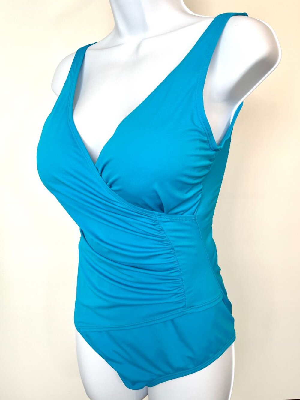 Jantzen Blue One Piece Swim Surplice Neckline Size 8 10  Wrap Waist Side Ruching